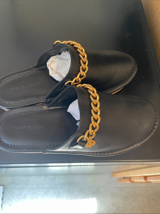 Tory Burch Shoes - Tory Burch Black Leather Slip-On Mules with Gold Chain